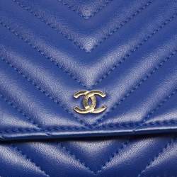 Chanel Blue Chevron Leather Classic Wallet on Chain