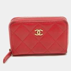 Pre Owned Chanel Red Quilted Caviar Leather Zip Around Coin Purse