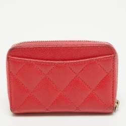 Pre Owned Chanel Red Quilted Caviar Leather Zip Around Coin Purse