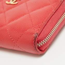 Pre Owned Chanel Red Quilted Caviar Leather Zip Around Coin Purse