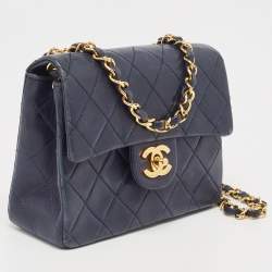 Pre Owned Chanel Navy Blue Quilted Leather Mini Vintage Square Flap Bag