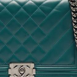 Pre Owned Chanel Green Quilted Leather New Medium Boy Bag