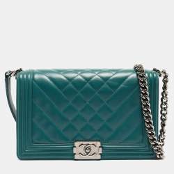 Pre Owned Chanel Green Quilted Leather New Medium Boy Bag