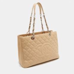 Pre Owned Chanel Beige Quilted Caviar Leather GST Shopper Tote
