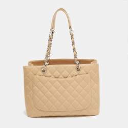 Pre Owned Chanel Beige Quilted Caviar Leather GST Shopper Tote
