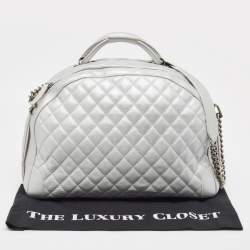 Pre Owned Chanel Metallic Grey Quilted Leather Airlines Round Trip Bowler Bag