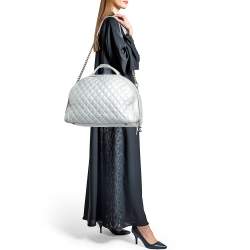 Pre Owned Chanel Metallic Grey Quilted Leather Airlines Round Trip Bowler Bag