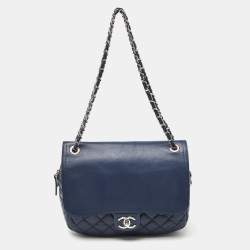 Pre Owned Chanel Blue Quilted Aged Leather Flap Shoulder Bag