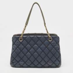 Pre Owned Chanel Blue Quilted Wild Stitched Leather Chain Tote