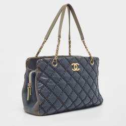 Pre Owned Chanel Blue Quilted Wild Stitched Leather Chain Tote