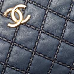 Pre Owned Chanel Blue Quilted Wild Stitched Leather Chain Tote