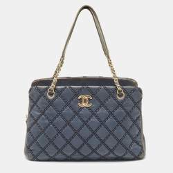 Pre Owned Chanel Blue Quilted Wild Stitched Leather Chain Tote