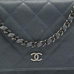Pre Owned Chanel Ash Blue Quilted Caviar Leather Classic Wallet on Chain