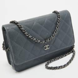 Pre Owned Chanel Ash Blue Quilted Caviar Leather Classic Wallet on Chain