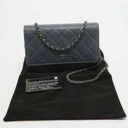 Pre Owned Chanel Ash Blue Quilted Caviar Leather Classic Wallet on Chain