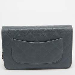 Pre Owned Chanel Ash Blue Quilted Caviar Leather Classic Wallet on Chain