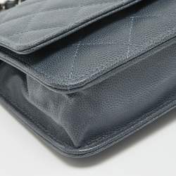 Pre Owned Chanel Ash Blue Quilted Caviar Leather Classic Wallet on Chain
