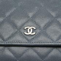 Pre Owned Chanel Ash Blue Quilted Caviar Leather Classic Wallet on Chain
