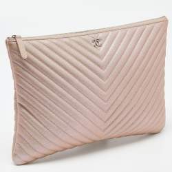Chanel Pearl Beige Chevron Caviar Leather Large O-Case Zip Pouch
