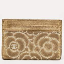 Chanel Gold Suede Camellia Embossed Classic Card Holder