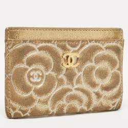 Chanel Gold Suede Camellia Embossed Classic Card Holder