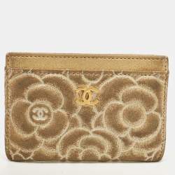 Chanel Gold Suede Camellia Embossed Classic Card Holder