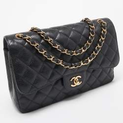 Pre Owned Chanel Black Quilted Caviar Leather Jumbo Classic Double Flap Bag