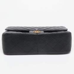 Pre Owned Chanel Black Quilted Caviar Leather Jumbo Classic Double Flap Bag