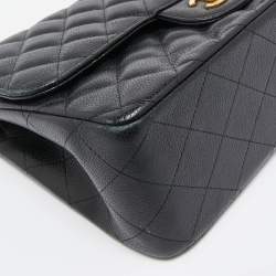 Pre Owned Chanel Black Quilted Caviar Leather Jumbo Classic Double Flap Bag