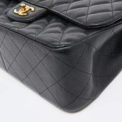 Pre Owned Chanel Black Quilted Caviar Leather Jumbo Classic Double Flap Bag