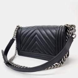 Pre Owned Chanel Black Caviar Chevron Boy Medium Bag