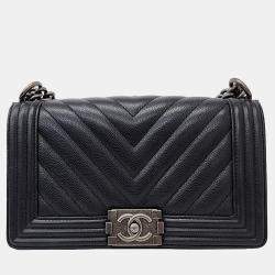 Pre Owned Chanel Black Caviar Chevron Boy Medium Bag