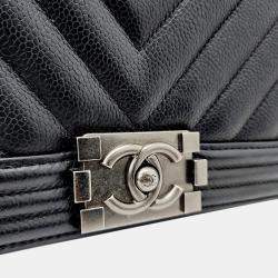 Pre Owned Chanel Black Caviar Chevron Boy Medium Bag