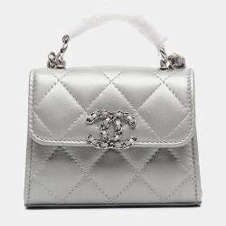 Pre Owned Chanel Grey Lambskin Leather Top Handle Mini Crossbody Bag