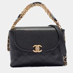 Pre Owned Chanel Black Quilted Leather CC Chain Scarf Top Handle Bag