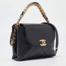 Pre Owned Chanel Black Quilted Leather CC Chain Scarf Top Handle Bag