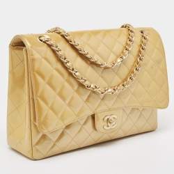 Pre Owned Chanel Cream Quilted Patent Leather Maxi Classic Single Flap Bag