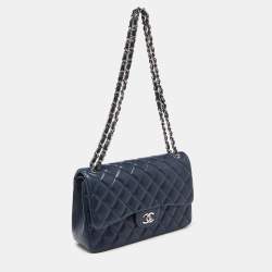 Pre Owned Chanel Blue Quilted Caviar Leather Jumbo Classic Double Flap Bag