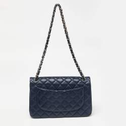 Pre Owned Chanel Blue Quilted Caviar Leather Jumbo Classic Double Flap Bag