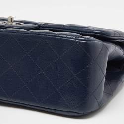 Pre Owned Chanel Blue Quilted Caviar Leather Jumbo Classic Double Flap Bag