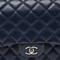 Pre Owned Chanel Blue Quilted Caviar Leather Jumbo Classic Double Flap Bag
