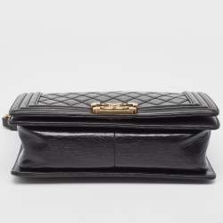 Pre Owned Chanel Black Quilted Glossy Leather Medium Boy Flap Bag