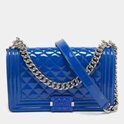Pre Owned Chanel Blue Quilted Patent Leather Medium Boy Flap Bag