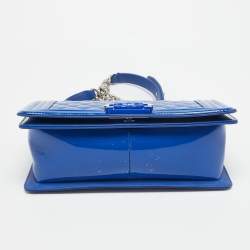 Pre Owned Chanel Blue Quilted Patent Leather Medium Boy Flap Bag