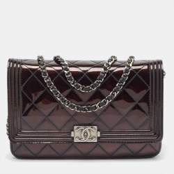 Chanel Metallic Black Quilted Patent Leather Boy Wallet on Chain