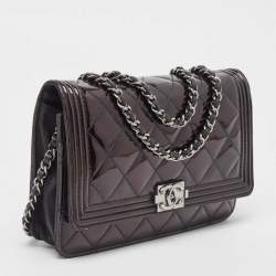 Chanel Metallic Black Quilted Patent Leather Boy Wallet on Chain