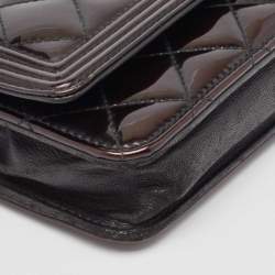 Chanel Metallic Black Quilted Patent Leather Boy Wallet on Chain