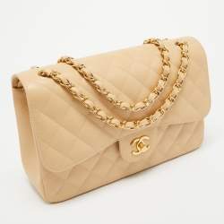 Pre Owned Chanel Beige Quilted Caviar Leather Jumbo Classic Double Flap Bag