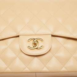 Pre Owned Chanel Beige Quilted Caviar Leather Jumbo Classic Double Flap Bag