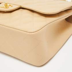 Pre Owned Chanel Beige Quilted Caviar Leather Jumbo Classic Double Flap Bag